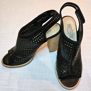 PINK MARTINI Black Vegan Leather Perforated Block Heel Sandal Size 6.5 (37)